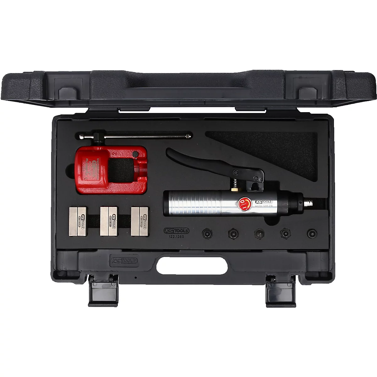 Werkzeugkasten mit verschiedenen Werkzeugen, darunter eine rote Zange, silberne und schwarze Werkzeuge.